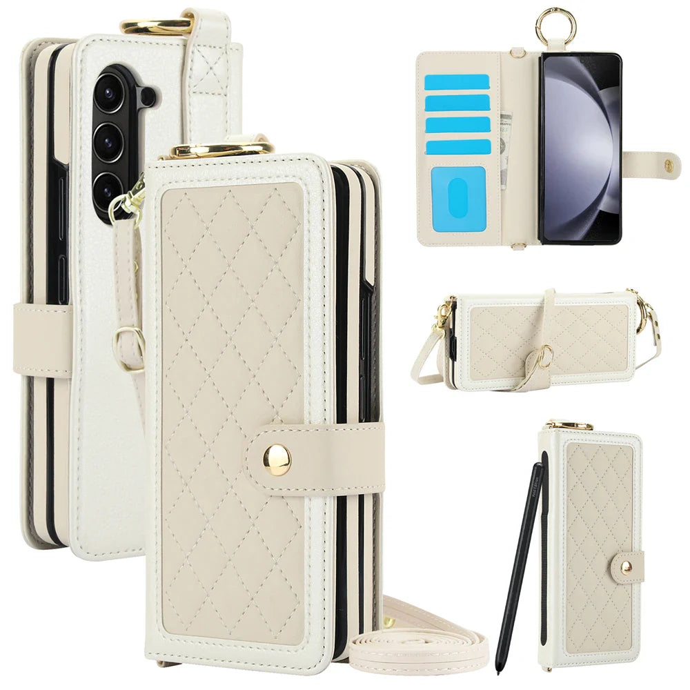Luxury Crossbody Lanyard Leather Wallet Card Case for Samsung Galaxy Z Fold 7 6 5 4 3 Fold6 5G Wrist Rope Flip Stand Cover Coque