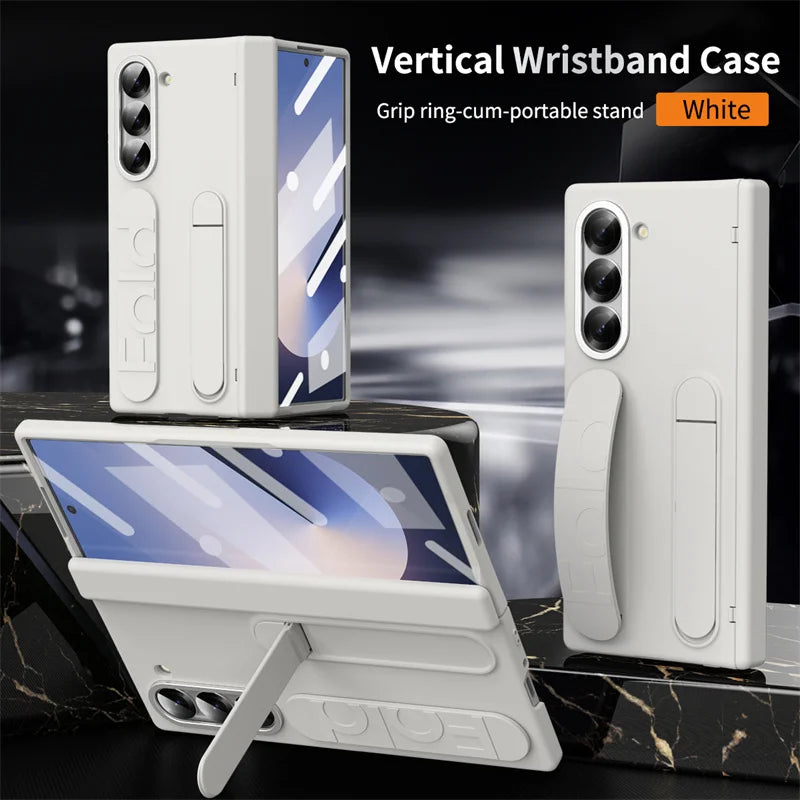 Wristband Holder Hinge Phone Case For Samsung Galaxy Z Fold 7 6 5 4 3 With Pen Slot & S Pen Screen Protector Film Protect Cover