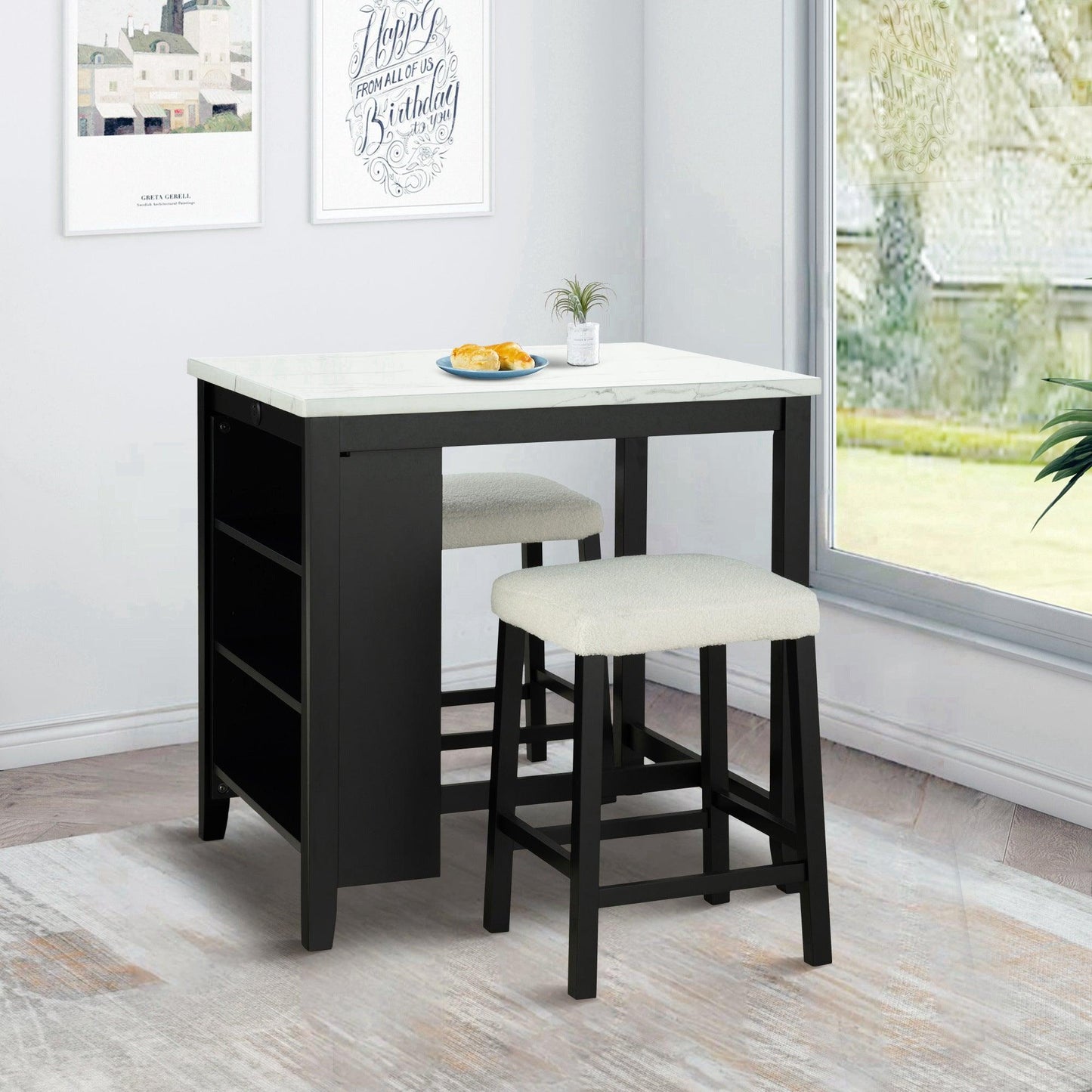 36" Modern Dining Table Set with 2 Stool, High Gloss Table Top, USB-A & USB-C Charging Ports
