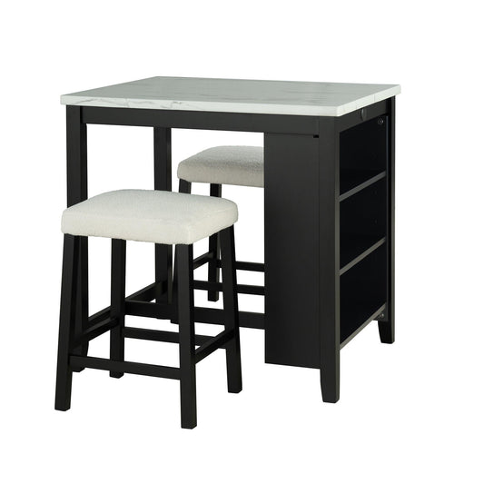 36" Modern Dining Table Set with 2 Stool, High Gloss Table Top, USB-A & USB-C Charging Ports