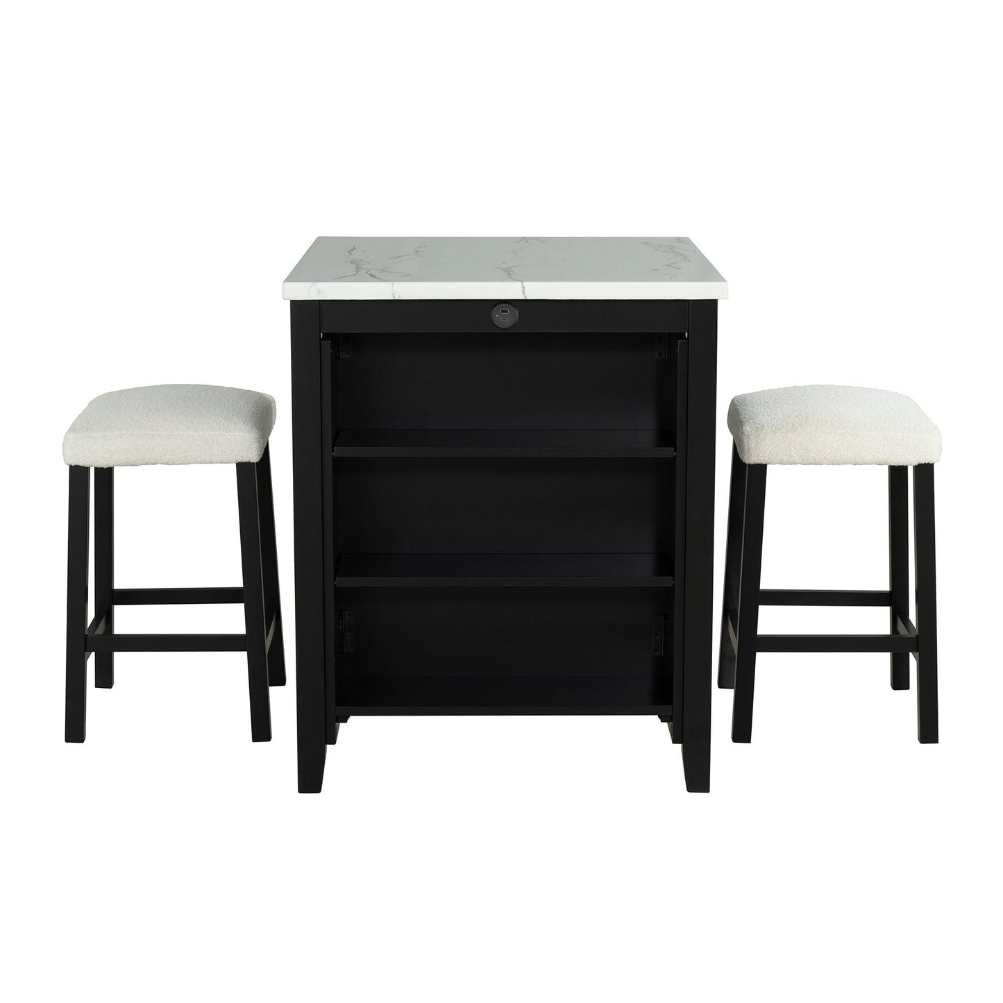 36" Modern Dining Table Set with 2 Stool, High Gloss Table Top, USB-A & USB-C Charging Ports