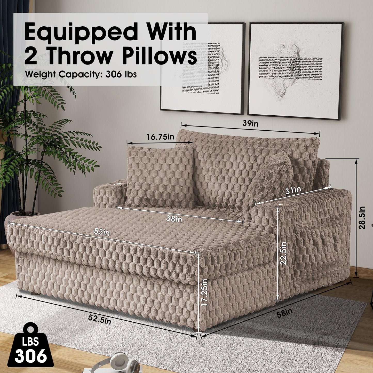 54 Inch Contemporary Indoor Upholstered Chaise Lounge Plush Sleeper Chair with Throw Pillows, 2 Cup Holders and Magazine Bags for Living Room