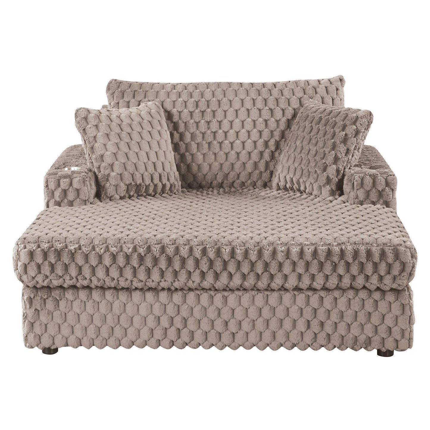 54 Inch Contemporary Indoor Upholstered Chaise Lounge Plush Sleeper Chair with Throw Pillows, 2 Cup Holders and Magazine Bags for Living Room