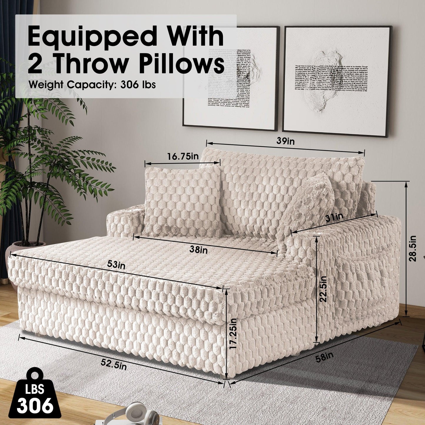 54 Inch Contemporary Indoor Upholstered Chaise Lounge Plush Sleeper Chair with Throw Pillows, 2 Cup Holders and Magazine Bags for Living Room
