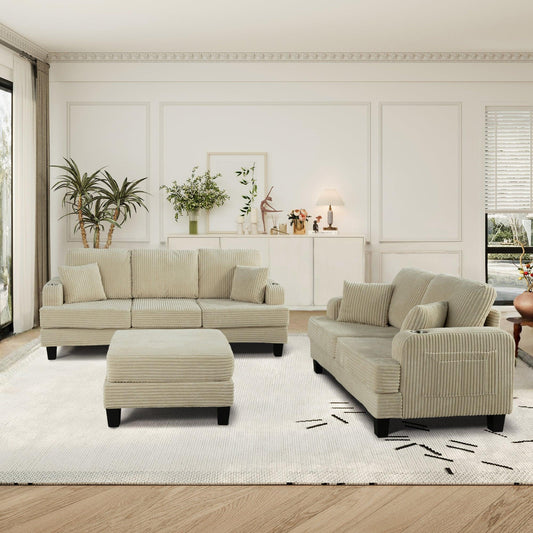 Beige 3 Piece Set Comfy Sofa Couch 3-Seater & Loveseat Sofa with Storage Ottoman with USB