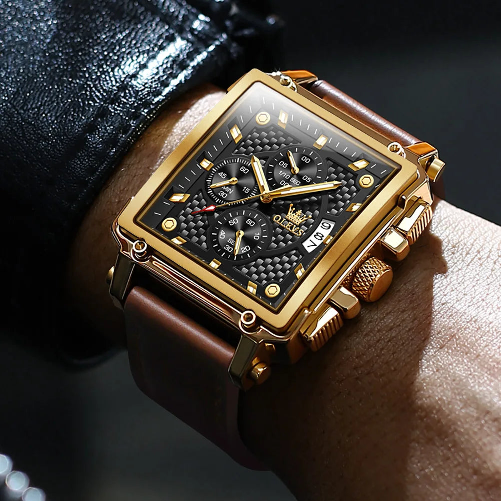OLEVS Golden Square Quartz Watch — Waterproof Leather Strap, Luminous Date Display, Large Dial Men’s Luxury Timepiece 9925