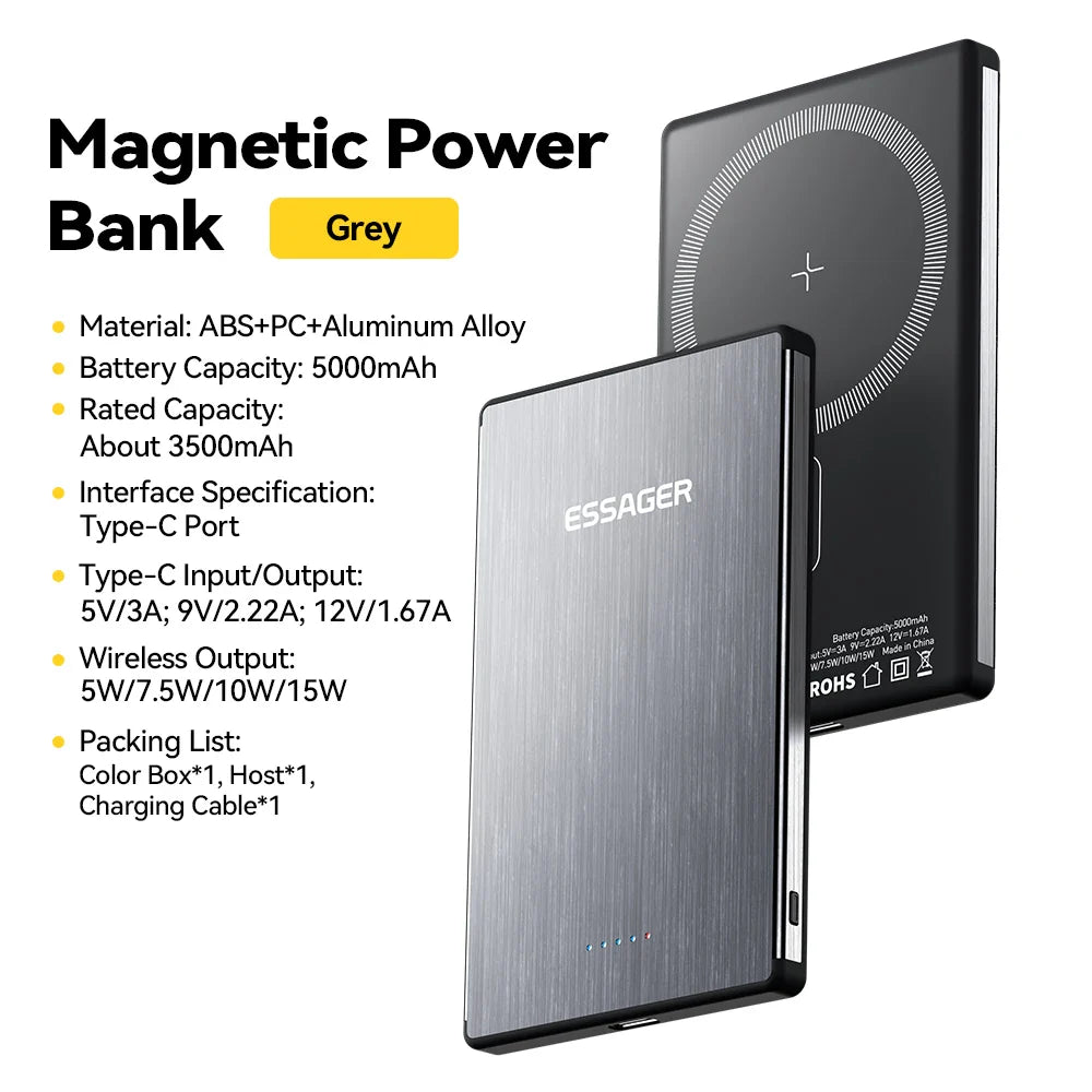 Essager Thin Wireless Power Bank Magnetic 20W 5000mAh Portable Fast Charging External Battery for Magsafe For iPhone 15 14 13 12