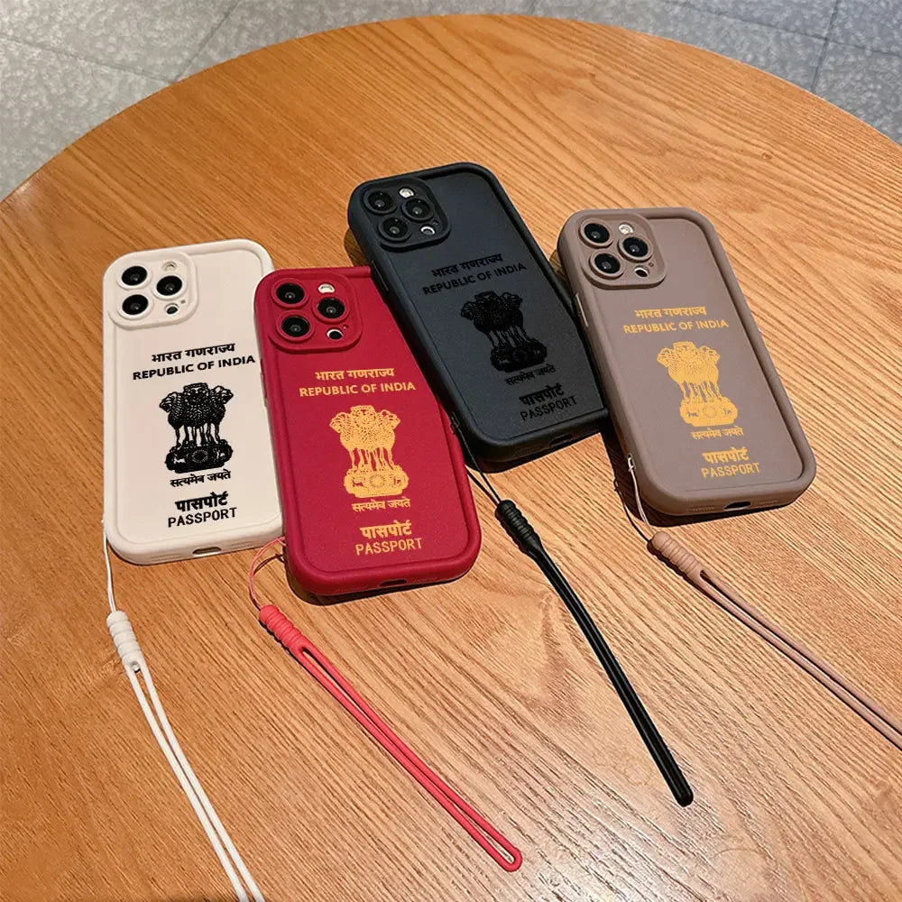 India Passport Phone Case for IPhone 16 15 14 13 12 11 Pro Max Mini XR XS X 7 8 Plus Soft TPU Back Cover With Hand Strap