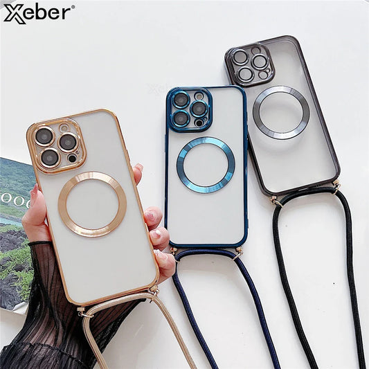 Plating Clear Magnetic For Magsafe Wireless Charging Cases For iPhone 16 15 14 17 12 13 Pro Max Crossbody Lanyard Necklace Cover