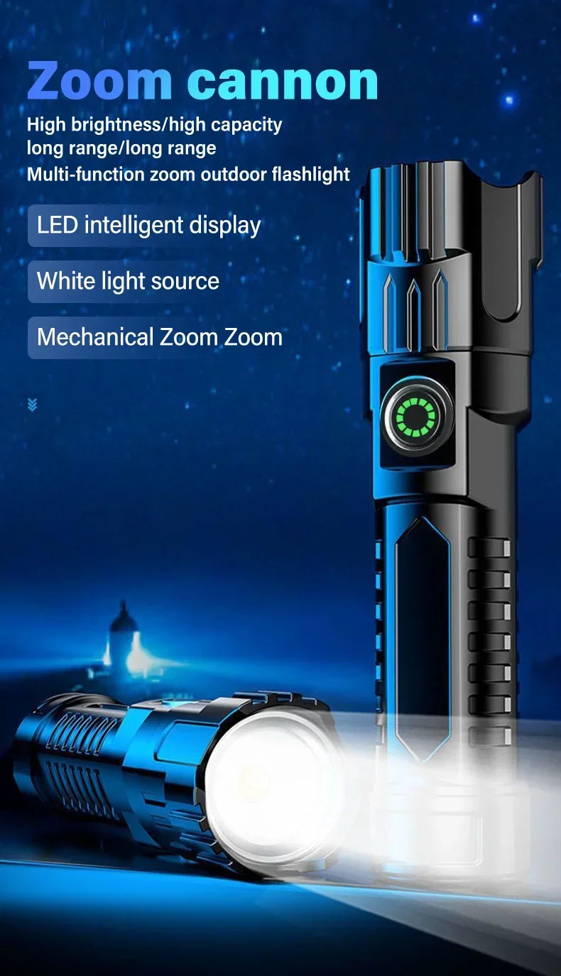 BlazeCore 2000LM Tactical LED Zoom Flashlight – USB Rechargeable Emergency Torch with Power Display, 3 Modes & Telescopic Zoom