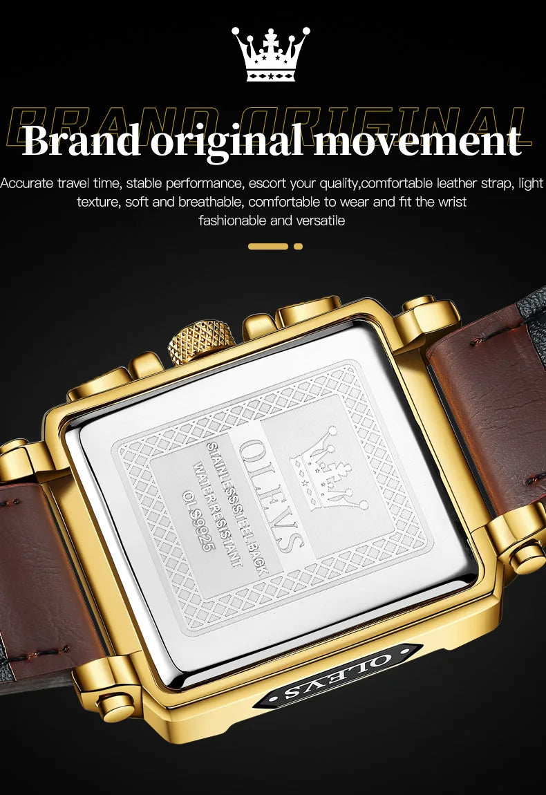 OLEVS Golden Square Quartz Watch — Waterproof Leather Strap, Luminous Date Display, Large Dial Men’s Luxury Timepiece 9925