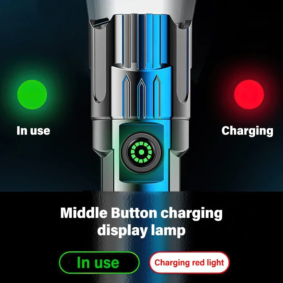 BlazeCore 2000LM Tactical LED Zoom Flashlight – USB Rechargeable Emergency Torch with Power Display, 3 Modes & Telescopic Zoom