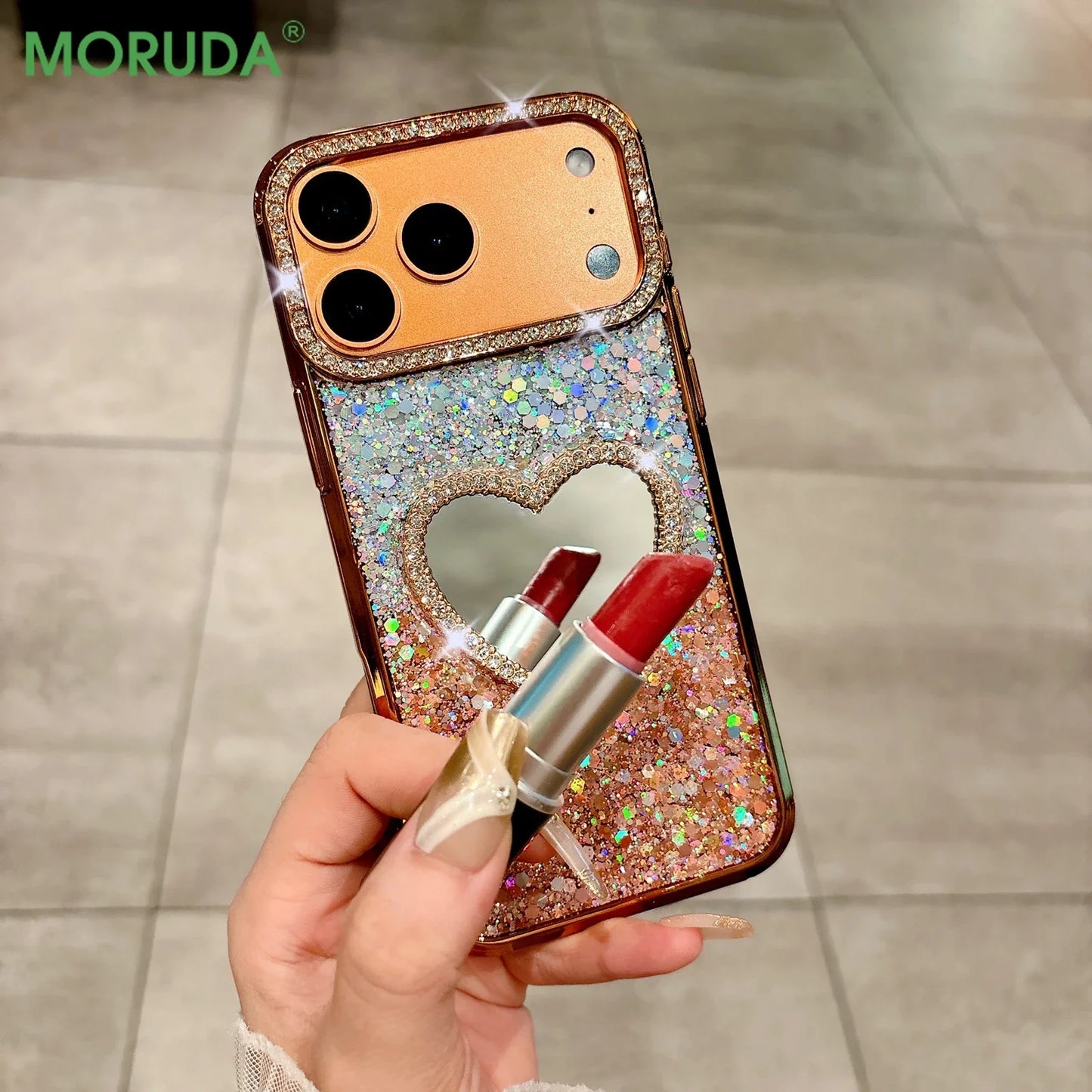 Luxury Diamond Love Heart Mirror Phone Case for iPhone 17 Air 16 15 14 13 Pro Max 17Pro Girls Gradient Shiny Plating Soft Cover
