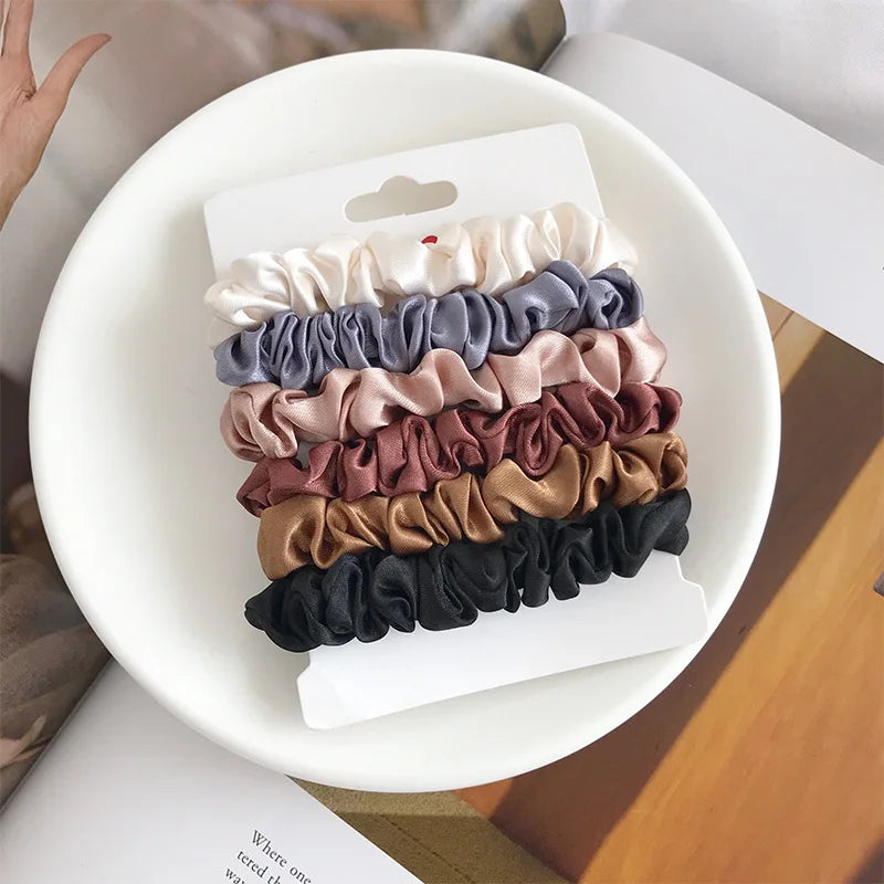 6Pcs Elegant Hair Scrunchies Women Minimalist Simulation Silk Hair Ties Solid Color Elastic Hair Loop Ponytail Hair Accessories - THOOBO!