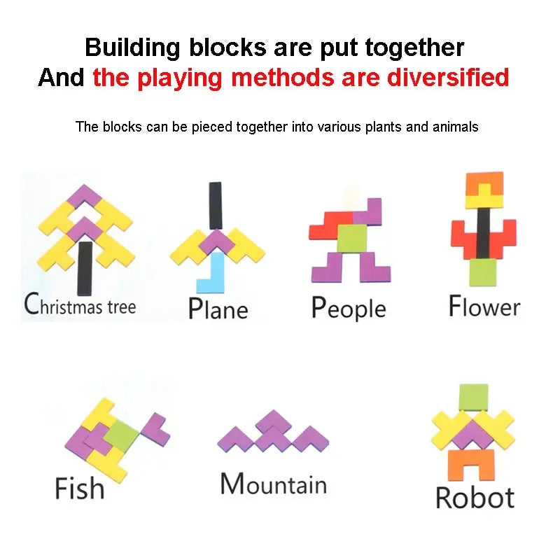 Wooden Blocks Puzzle Toy – Montessori 3D Tangram Brain Teasers