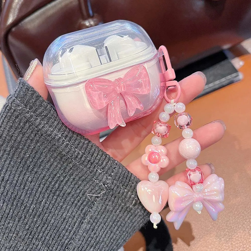Gradient Cute Bow DIY Flower Earphone Case Crystal Pendant For Samsung Galaxy Buds 2 3 Pro Live FE Cover Earbuds Accessories
