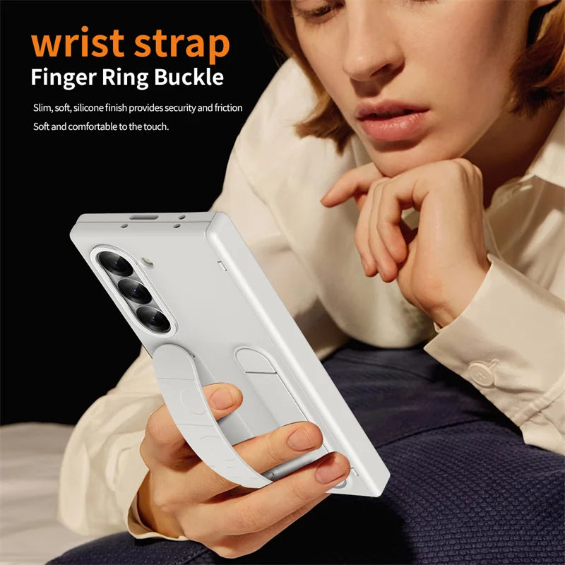 Wristband Holder Hinge Phone Case For Samsung Galaxy Z Fold 7 6 5 4 3 With Pen Slot & S Pen Screen Protector Film Protect Cover