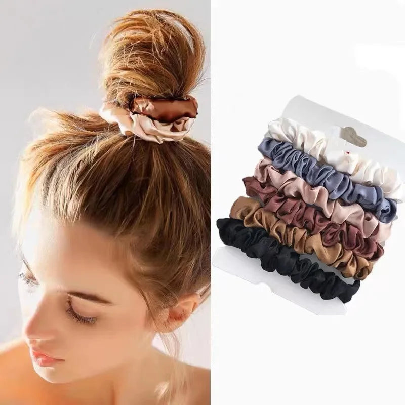 6Pcs Elegant Hair Scrunchies Women Minimalist Simulation Silk Hair Ties Solid Color Elastic Hair Loop Ponytail Hair Accessories - THOOBO!