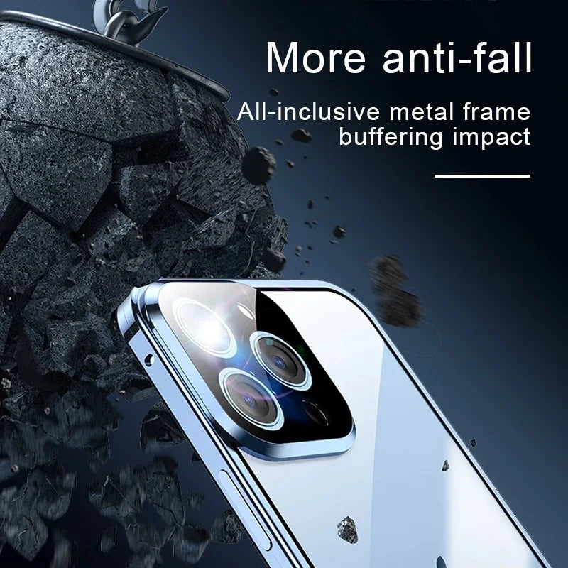 Clear 360° Full Protection Metal Magnetic Double-Sided Glass Press Phone Case for iPhone 16e 16 Pro Max 14 13 12 15 Pro Max Case