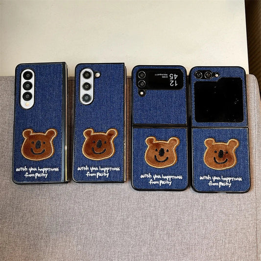 Embroidery Rabbit Bear Cloth Fabric Phone Case For Samsung Galaxy Z Fold & Z Flip 7 6 5 4 3 Hard Protection Shell