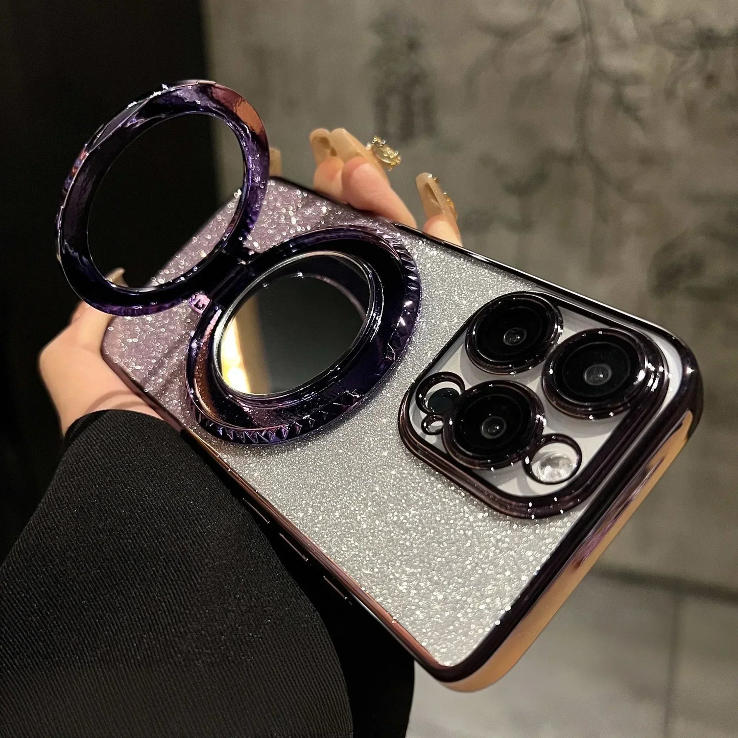 Luxury Glitter Mirror Stand Case for iPhone 16 15 14 13 12 Pro Max 11 X Xr XsMax 7 8 Plus Bracket Gradient Make Up Plating Cover