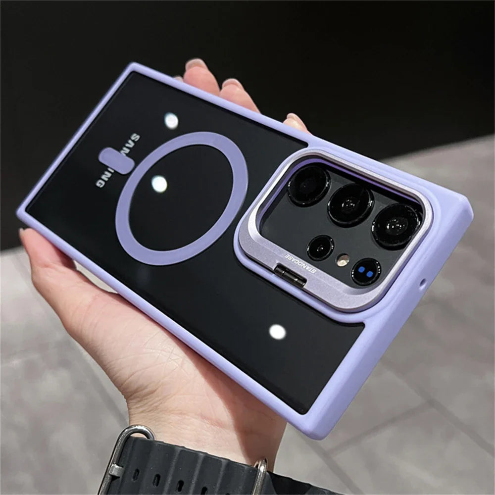 Camera Bracket Magnetic Clear Case For Samsung S24 S25 Ultra S23 S22 Plus For Magsafe Wireless Charge Shockproof Bumper Cover