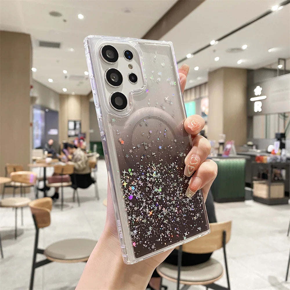 for Samsung S23 Ultra Gradient Glitter Epoxy Case for Samsung Galaxy S23 Plus S22 Ultra for Magsafe Magnetic Transparent Cover