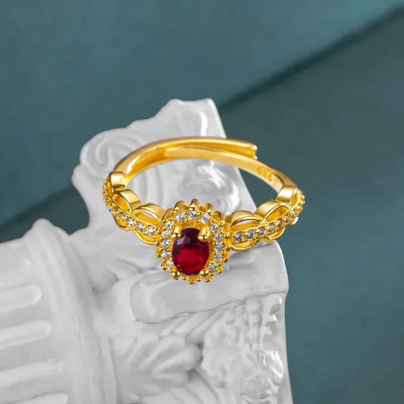 Crimson Vow Ruby Ring — Real 14K Gold Color Open Band with Sparkling Zircon Accents for Brides & Birthdays