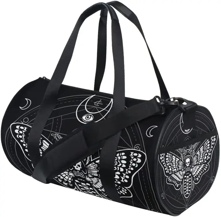 ShadowMoth Traveler — Gothic Skull & Moth Canvas Duffle Bag for Gym, Travel & Night Flights