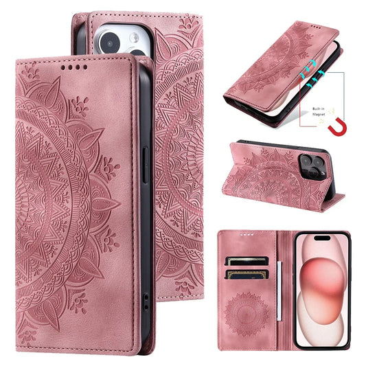 Embossed Totem Wallet Case with Card Slots for iPhone 16 15 14 13 12 11 Pro Max 13 Pro X XR 7 8 Plus Magnetic Leather Flip Cover
