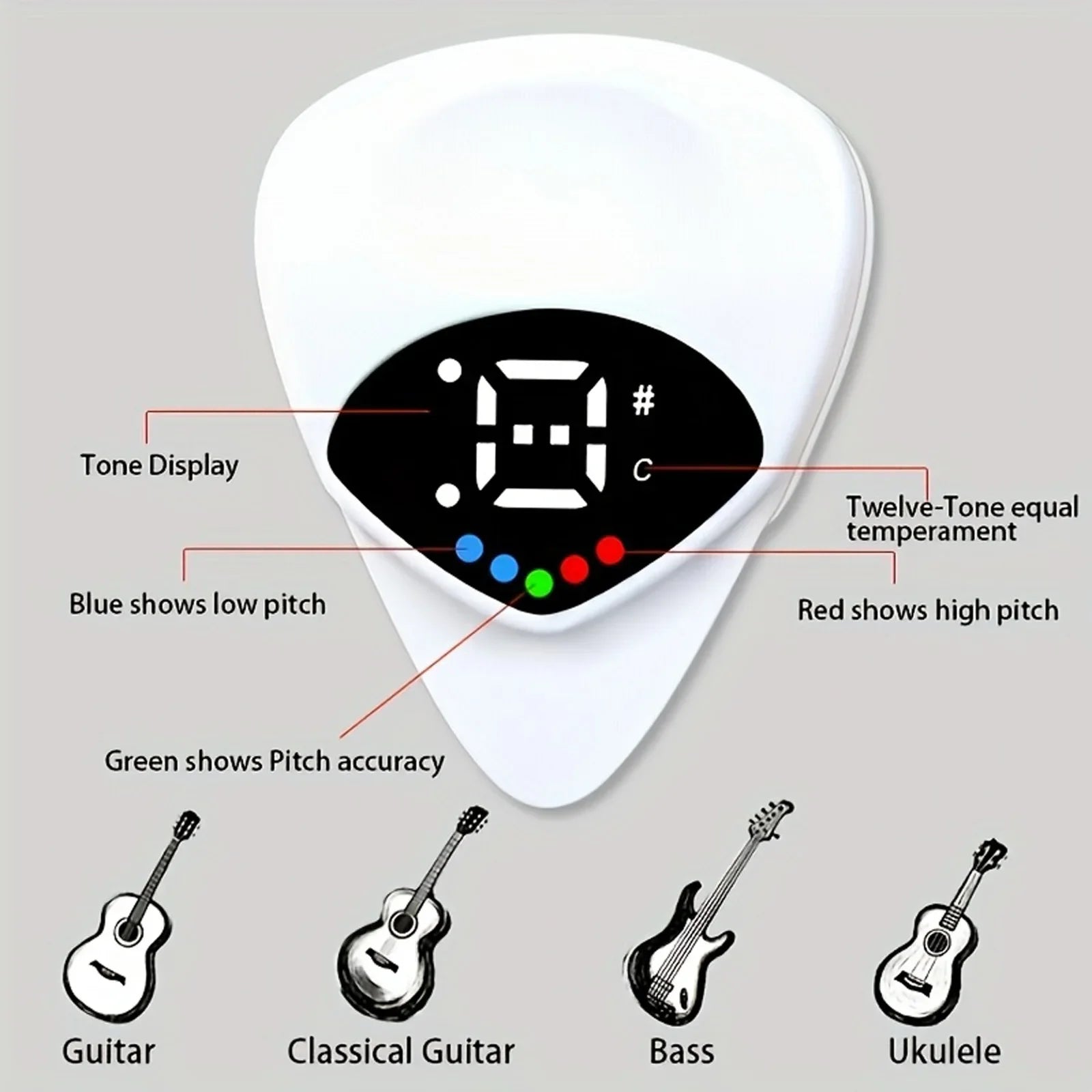 2-in-1 Guitar Pick & Tuner - Portable, Multi-Purpose Pitch Calibrator for Folk Guitars and Ukuleles, 12-Tone Equal Temperament, - THOOBO!