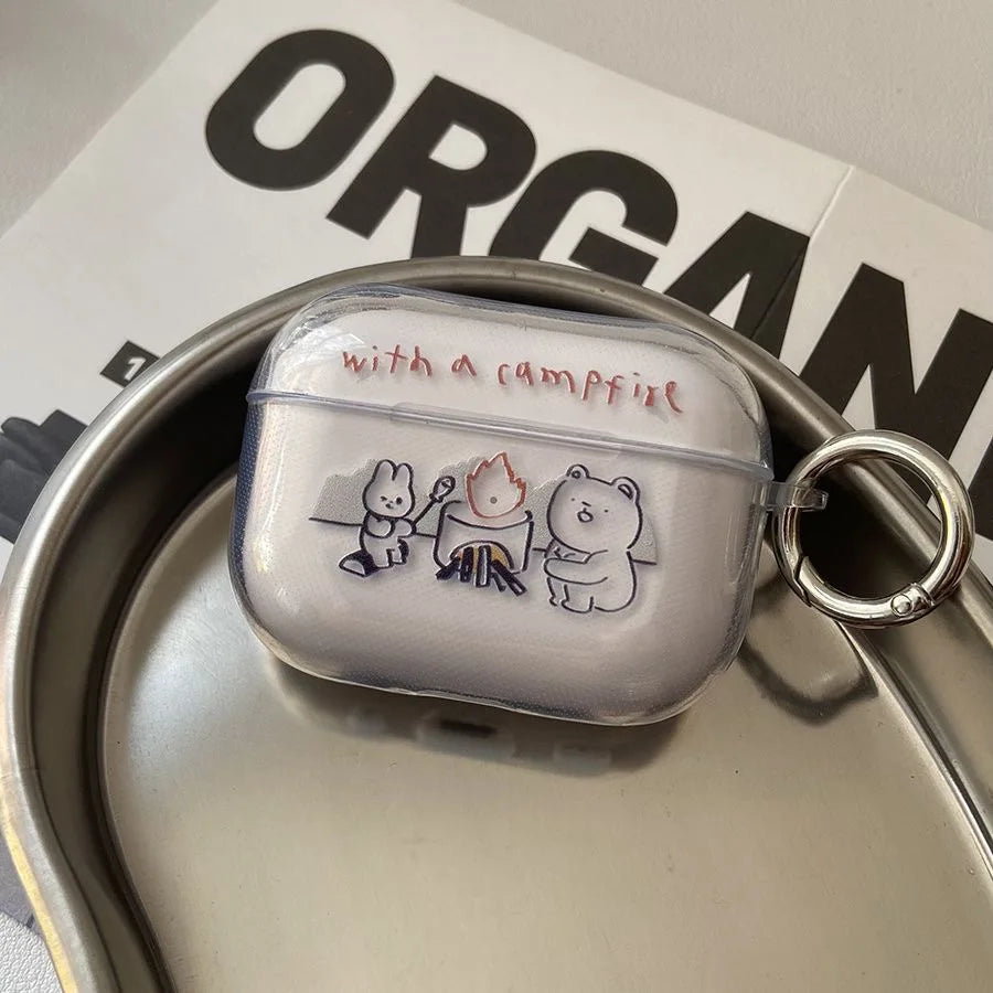 Rabbit Bear Bonfire Cute Cartoon Light Airpod Case for AirPods 4 3 Pro 2 Airpods Pro Case Silicone TPU Cover With Keychain