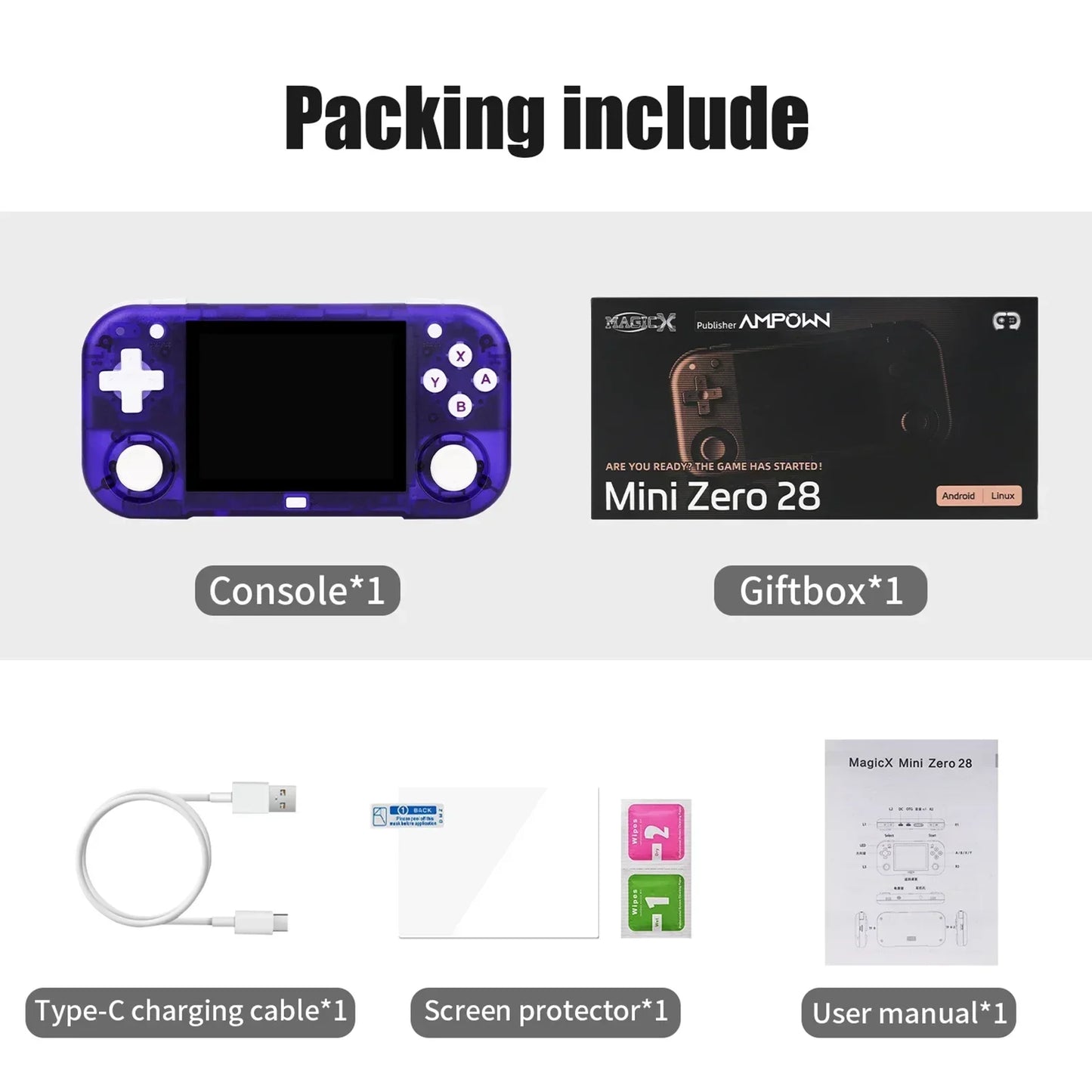 Ampown Mini Zero 28 Retro Handheld Game Console 2.8'' IPS Screen A133P Processor Android System MAGICX ZERO28 Video Player Gifts