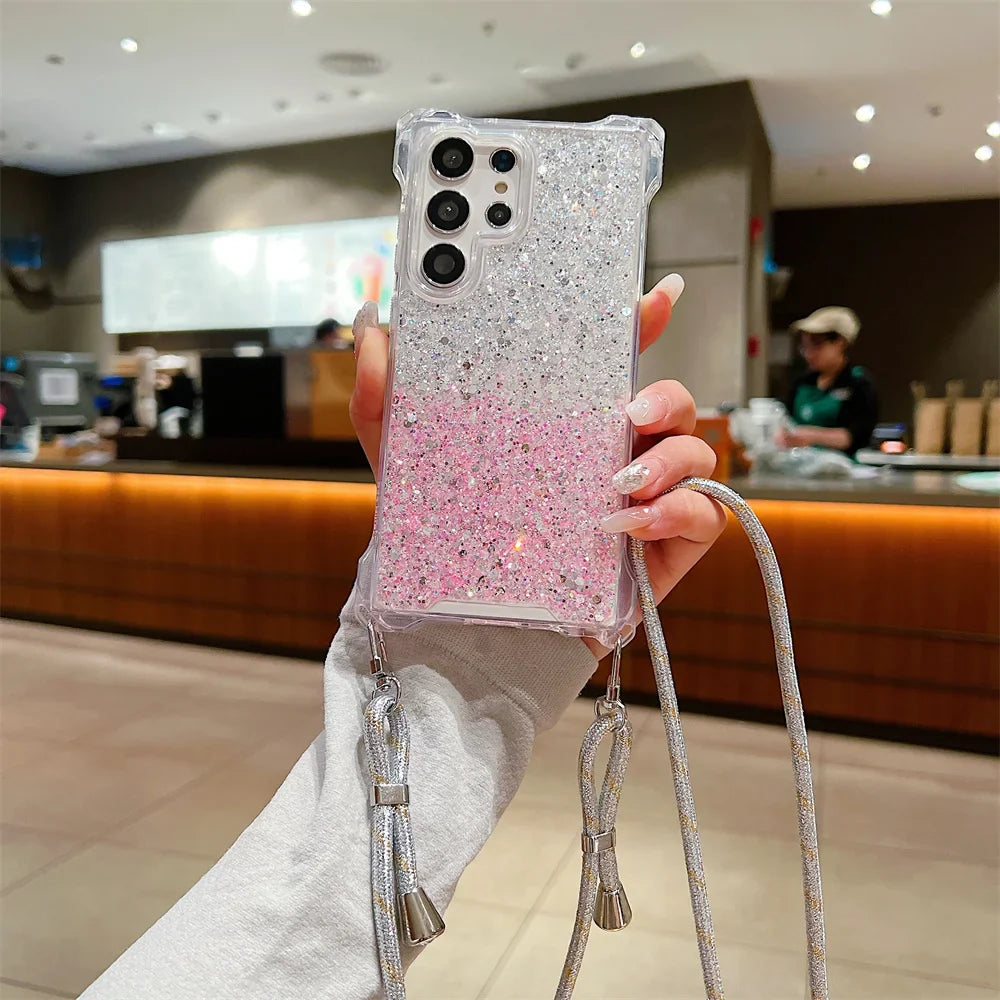 Glitter Gradient Crossbody Case for Samsung Galaxy S24 Ultra S22 S23 Plus A55 A54 A34 A14 A15 A53 Lanyard Necklace Bumper Cover