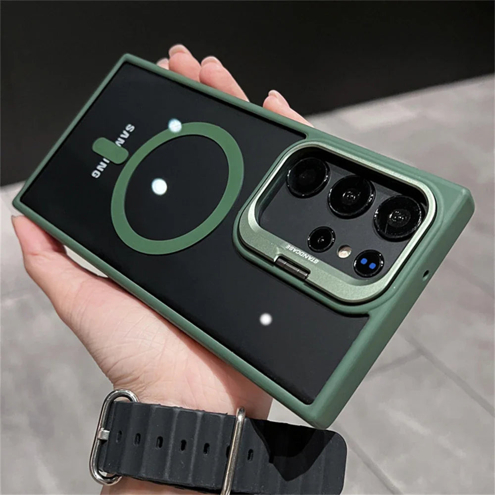 Camera Bracket Magnetic Clear Case For Samsung S24 S25 Ultra S23 S22 Plus For Magsafe Wireless Charge Shockproof Bumper Cover