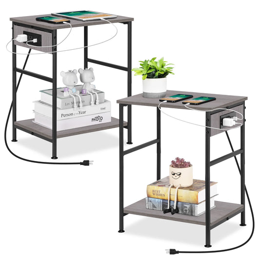 DreamSync Duo Nightstands — Set of 2 Modern End Tables with Built-In Charging Station