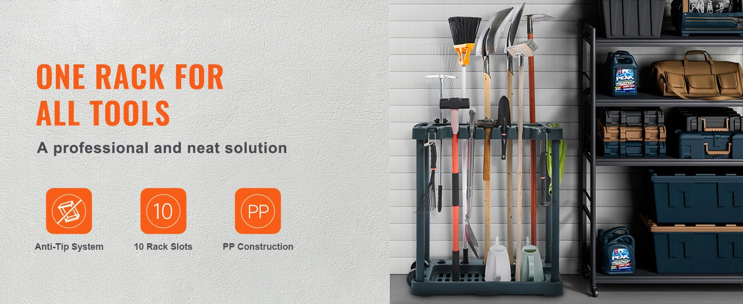 YardMaster 10-Slot Garden Tool Organizer – Heavy-Duty Storage Rack for Rakes, Shovels, Brooms & Garage Gear