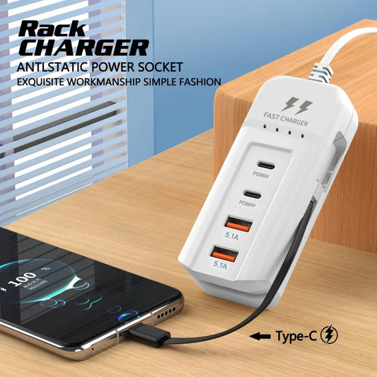 66W PD Fast Charging Wall USB Chargers USB Hub Adapter 4 Ports USB Type C EU US UK Plug Extension Type C Cable Socket Outlet