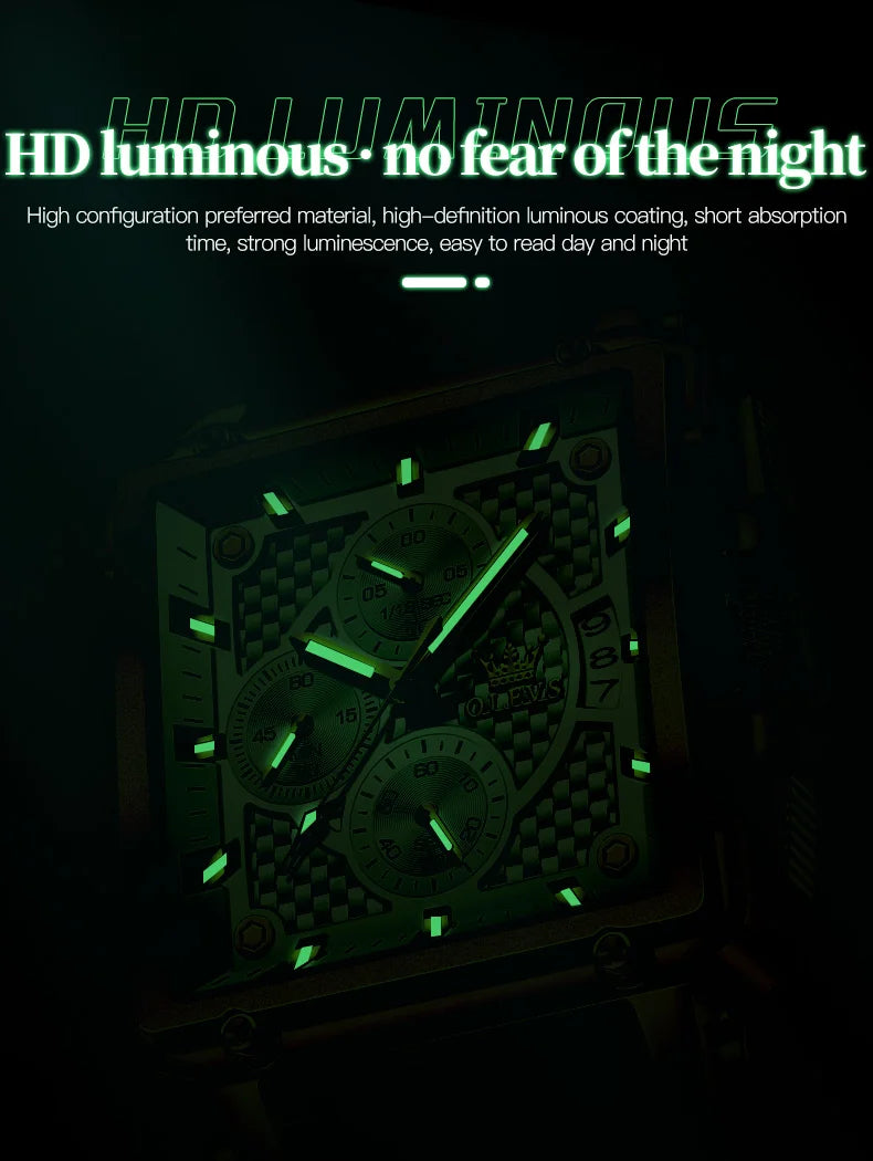 OLEVS Golden Square Quartz Watch — Waterproof Leather Strap, Luminous Date Display, Large Dial Men’s Luxury Timepiece 9925