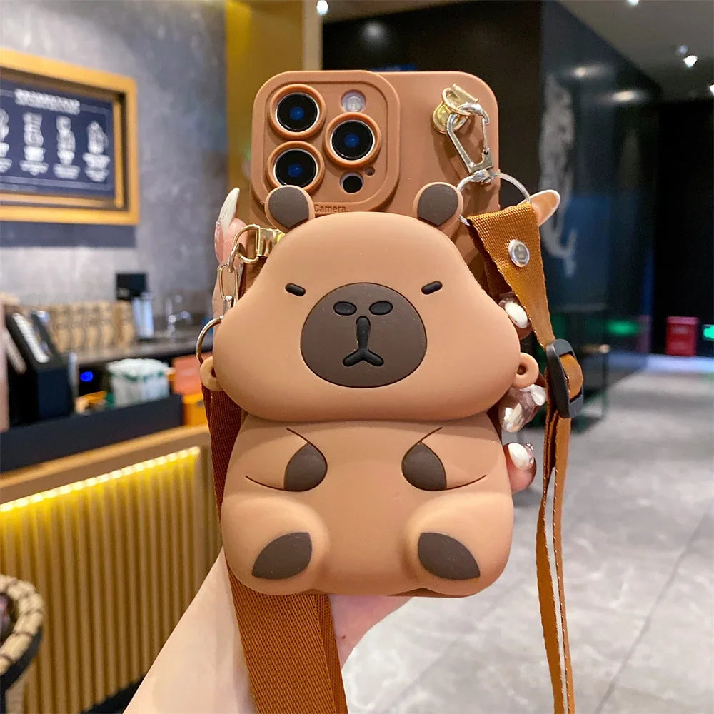3D Cartoon Capybara Crossbody Strap Coin Wallet Lipstick Bag Phone Case For iPhone 16 15 14 Plus 13 12 11 Pro Max 16ProMax