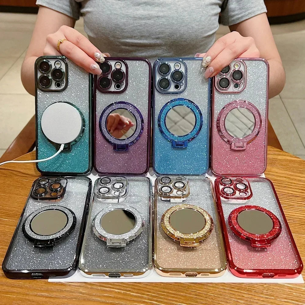 Luxury Glitter Mirror Stand Case for iPhone 16 15 14 13 12 Pro Max 11 X Xr XsMax 7 8 Plus Bracket Gradient Make Up Plating Cover