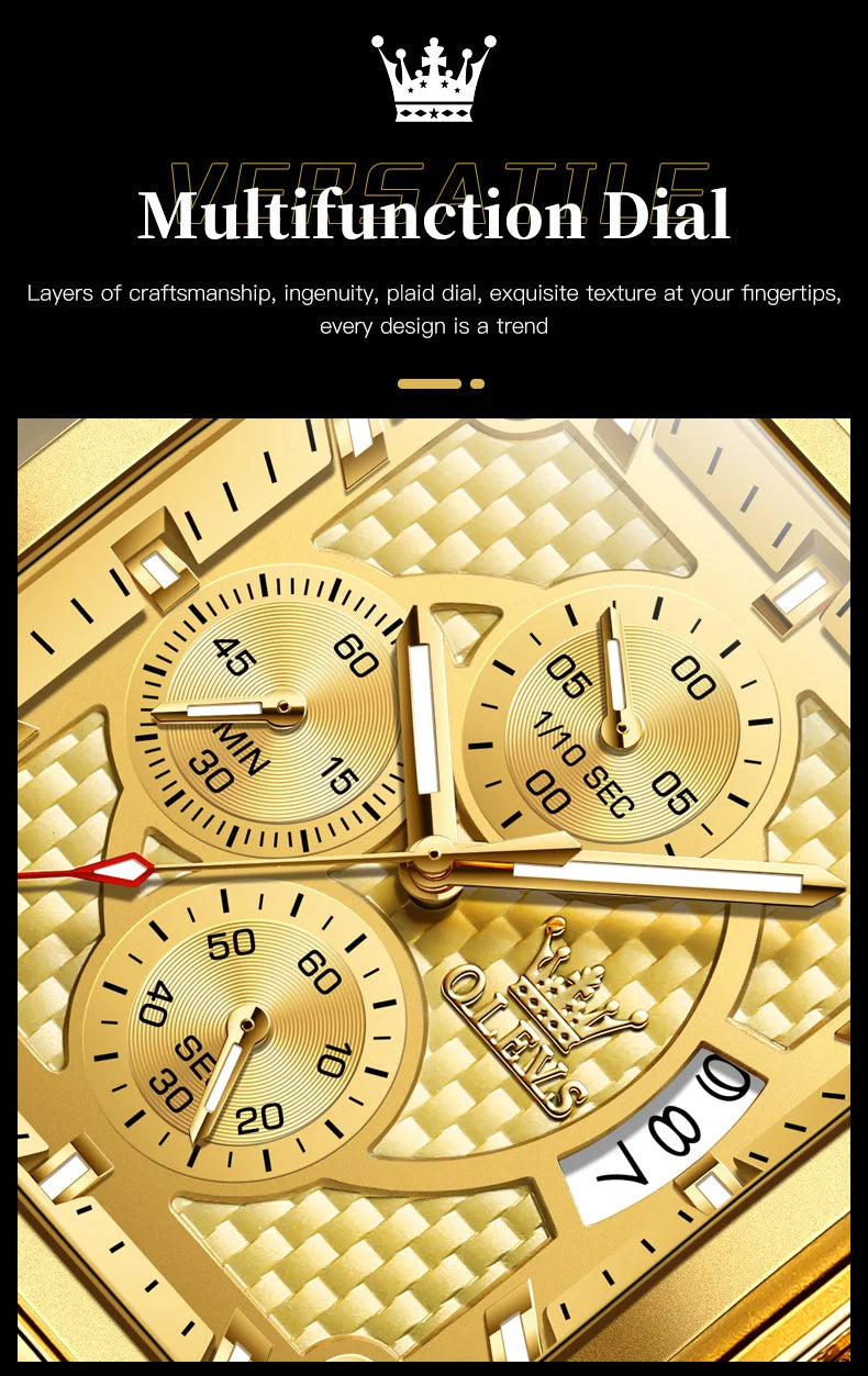 OLEVS Golden Square Quartz Watch — Waterproof Leather Strap, Luminous Date Display, Large Dial Men’s Luxury Timepiece 9925