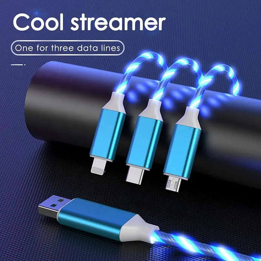 3 in 1 Fast Charging Cable with LED Lighting, 3A, Micro USB Type C, for IPhone, Samsung, Xiaomi, Phone Charger