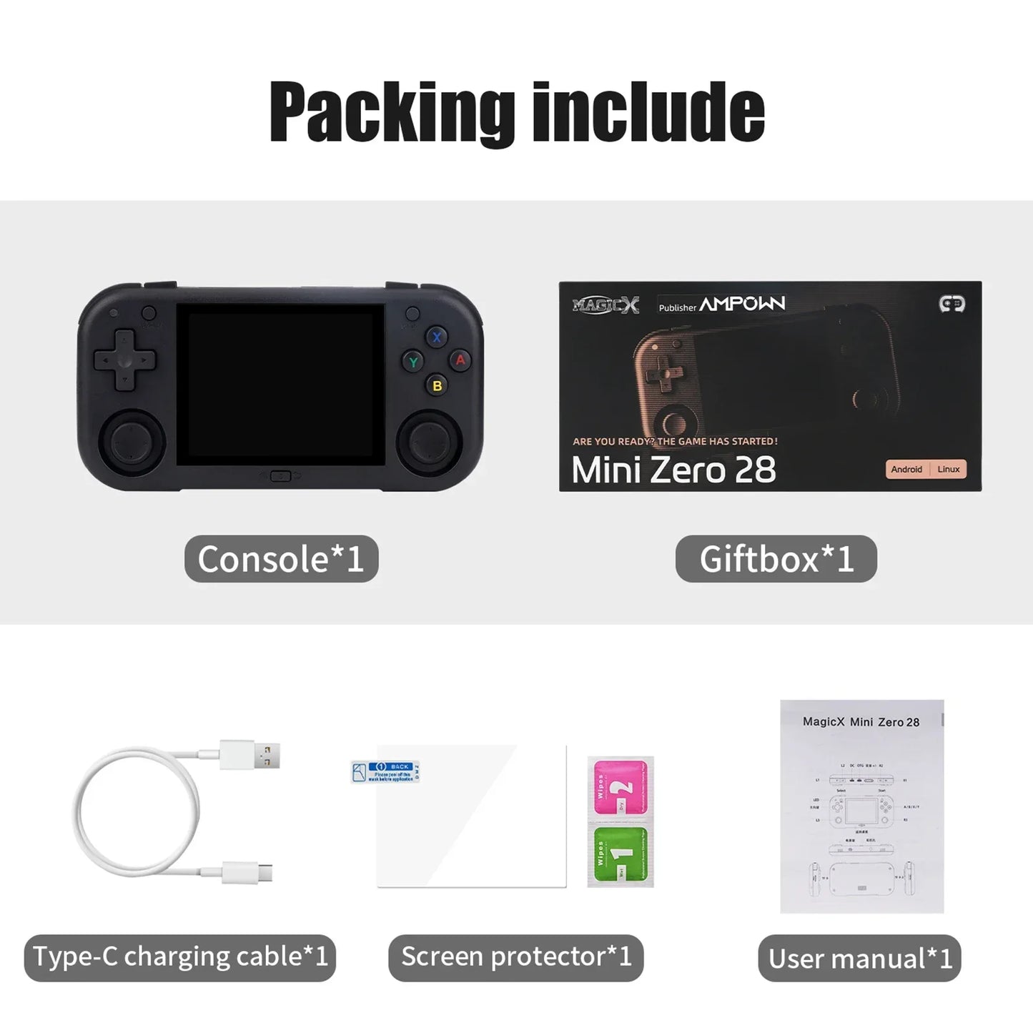 Ampown Mini Zero 28 Retro Handheld Game Console 2.8'' IPS Screen A133P Processor Android System MAGICX ZERO28 Video Player Gifts