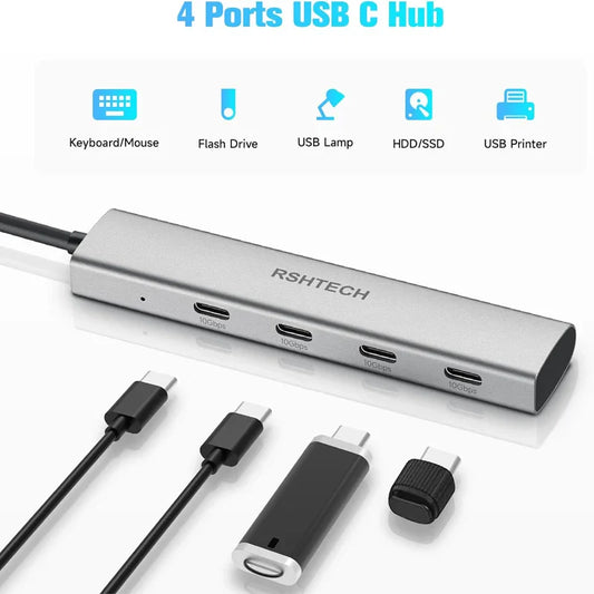 RSHTECH USB C Hub 10Gbps Aluminum 4-Port USB-C 3.2 Gen 2 Dongle Portable USB C Multiport Adapter for Thunderbolt/Type C Laptop