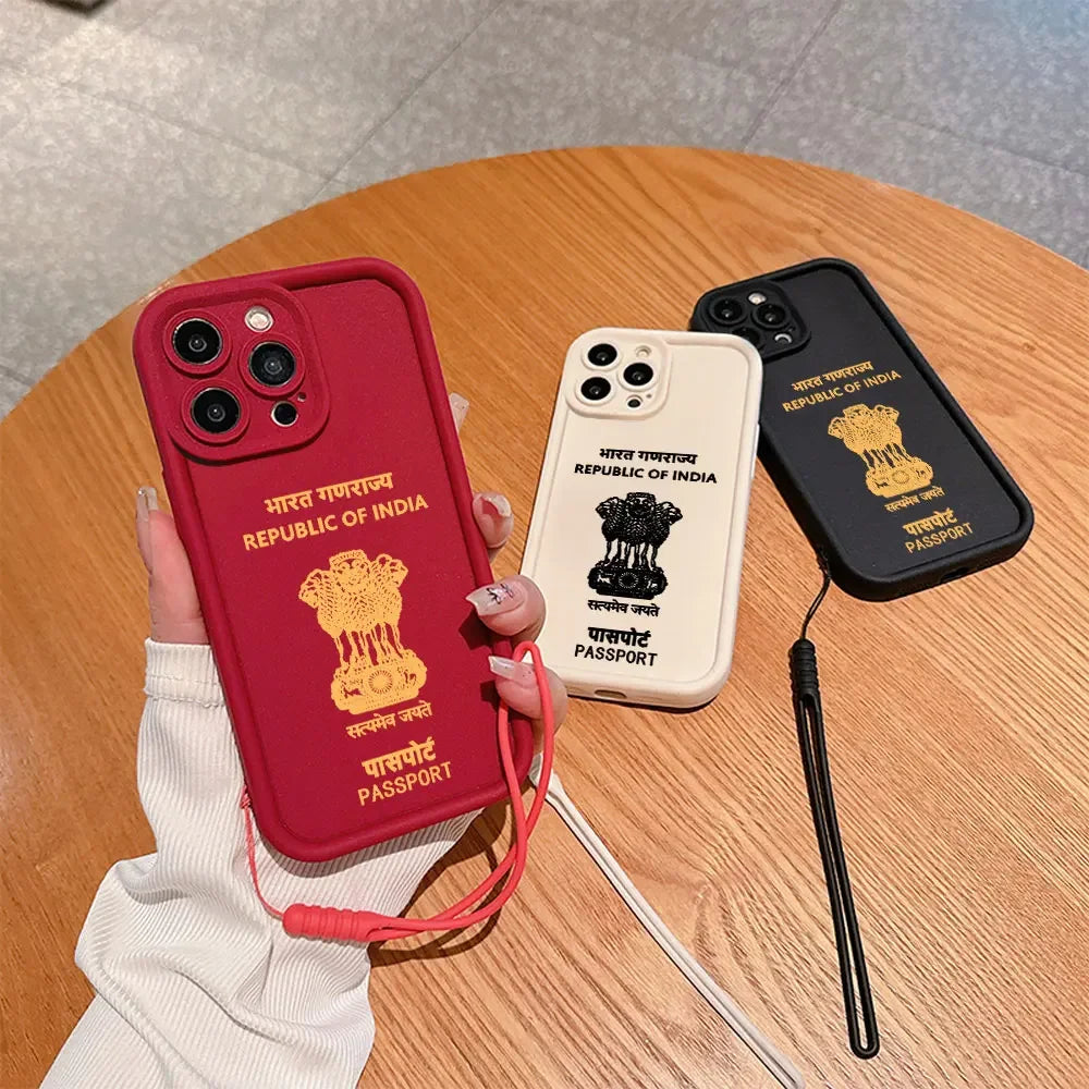 India Passport Phone Case for IPhone 16 15 14 13 12 11 Pro Max Mini XR XS X 7 8 Plus Soft TPU Back Cover With Hand Strap