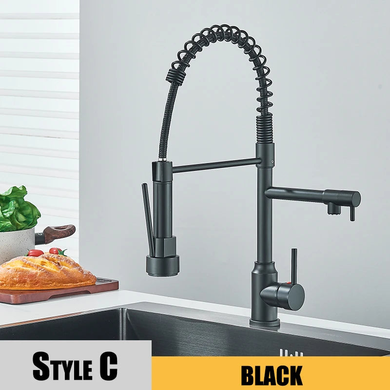 Nickel Kitchen Sink Faucet Pull Down Hot and Cold Water Mixer2 Mode Tap with Dual Spout 360 Rotation Flexible Deck Mounted - THOOBO!