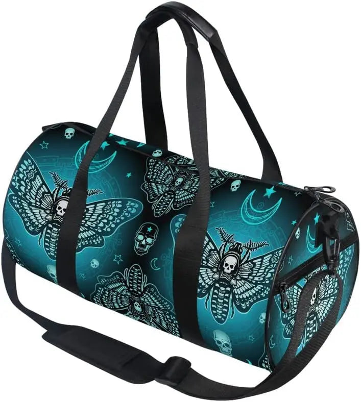 ShadowMoth Traveler — Gothic Skull & Moth Canvas Duffle Bag for Gym, Travel & Night Flights