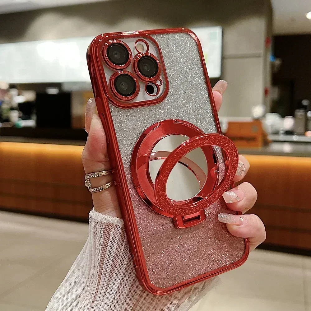 Luxury Glitter Mirror Stand Case for iPhone 16 15 14 13 12 Pro Max 11 X Xr XsMax 7 8 Plus Bracket Gradient Make Up Plating Cover