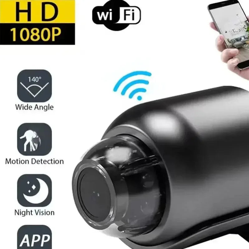 Security camera with HD 1080P, Wi-Fi, wide angle, motion detection, night vision, and app features.